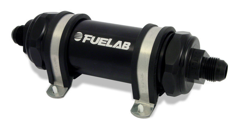 Fuelab 858 In-Line Fuel Filter Long -10AN In/Out 40 Micron Stainless w/Check Valve - Black